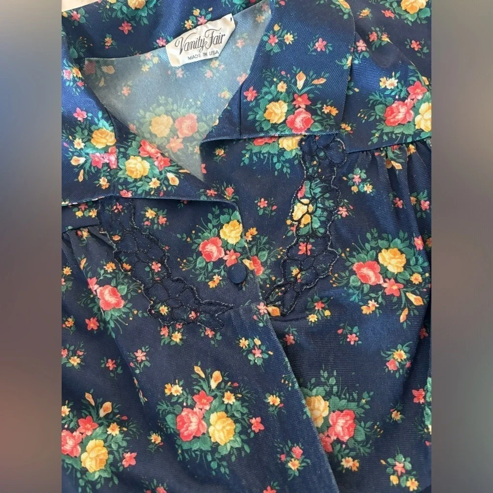 SET- Vintage Vanity Fair Gown | Robe. Housecoat 70’s Floral Women’s Sz-S Blue